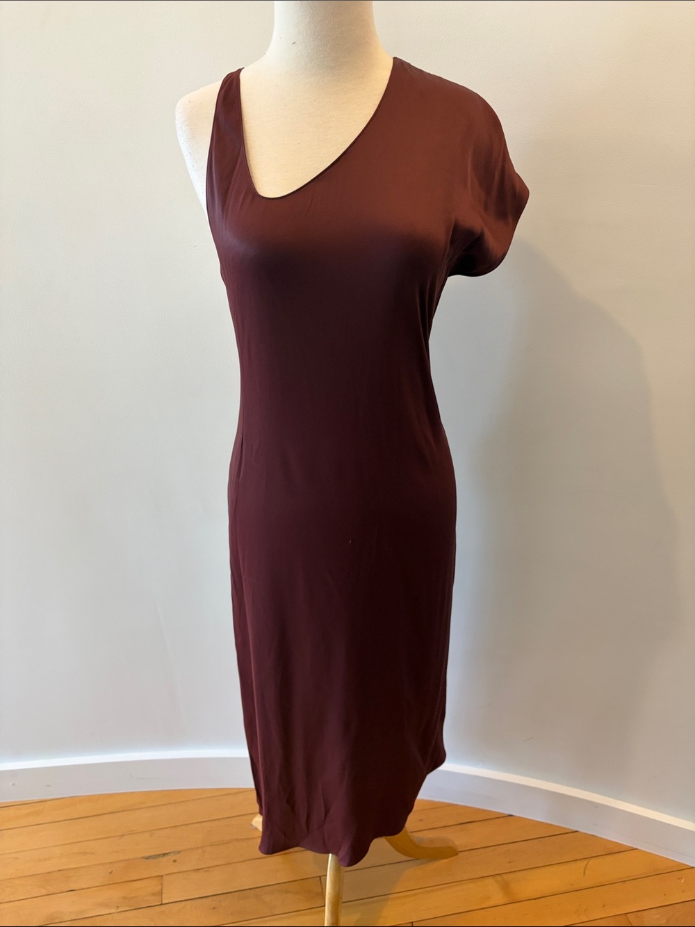 Zara Silhouette Asymmetric-Neck Midi Dress in Deep Burgundy